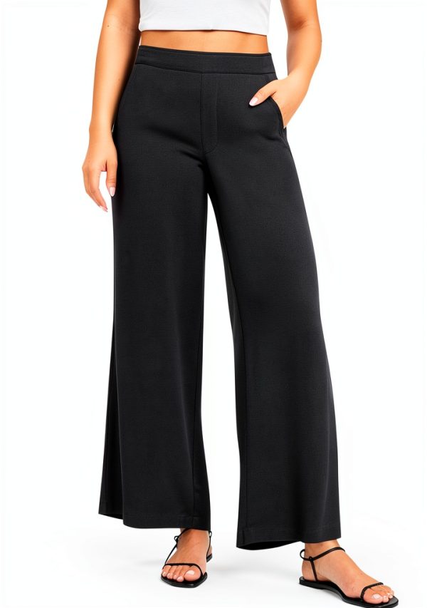 Generico Pantalone Donna Nero Elasticizzato Vita Alta Lino