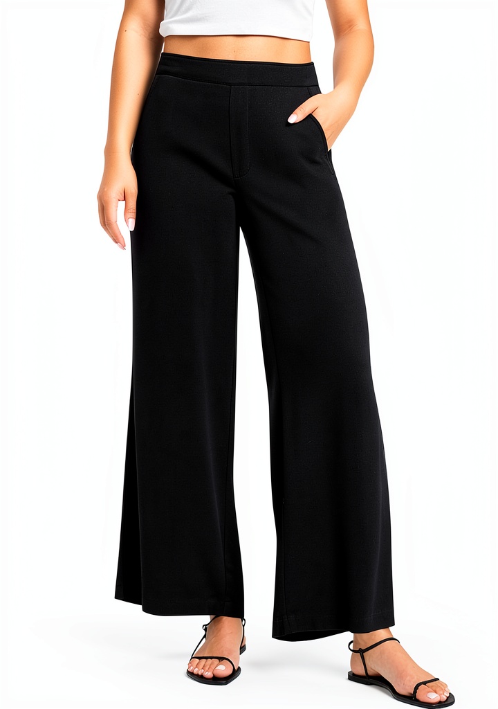 Donna che indossa il pantalone nero elasticizzato in un ambiente domestico