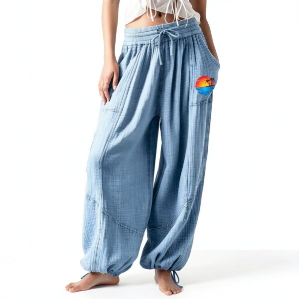 Pantaloni Donna Lino Vita Alta Comodi Eleganti Fitness-1